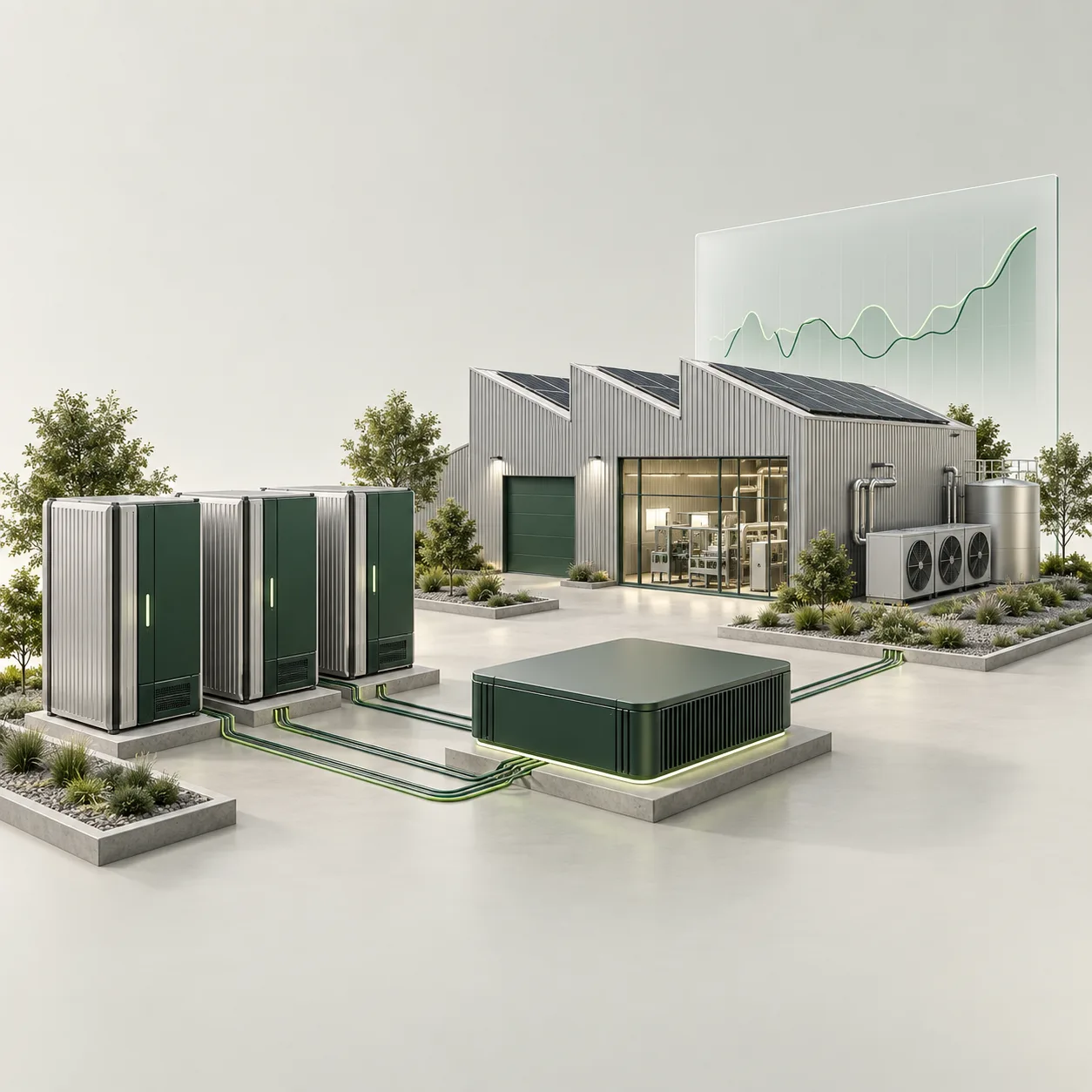 3D-Illustration: Batteriespeicher und industrielle Anlagen sind über eine zentrale Steuerung mit dem Energiemarkt verbunden.