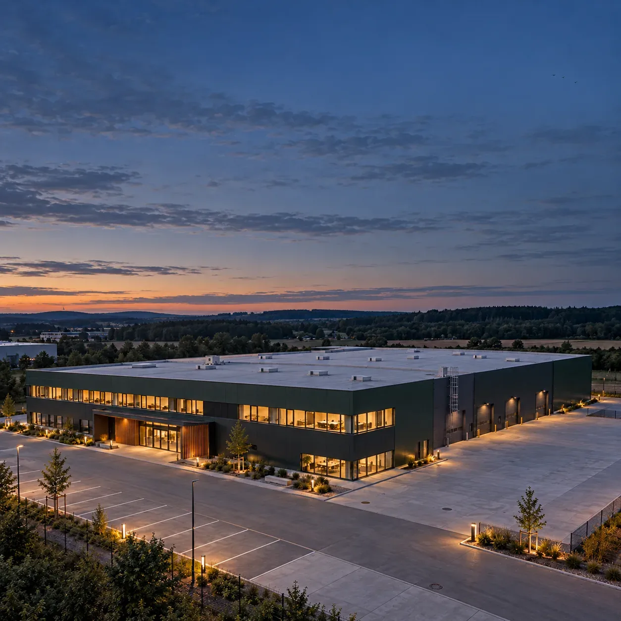 Illustrativer Industriestandort mit dunkelgrüner Fassade und warmem Licht unter einem weiten Abendhimmel.