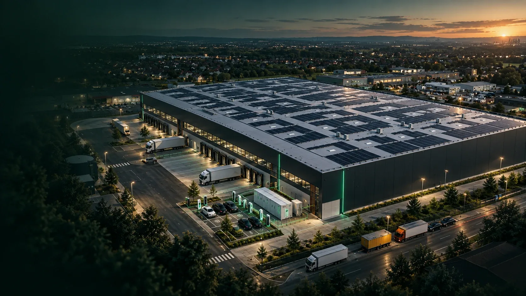 Logistikzentrum in der Dämmerung mit Photovoltaik auf dem Dach, Batteriespeicher und Ladepunkten auf dem Hof